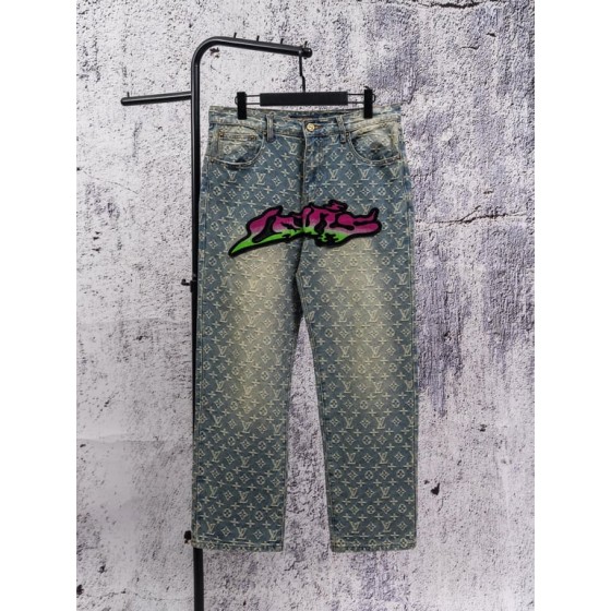 Louis Vuitton Iv monogram all-over print iridescent flocked flame graffiti jeans